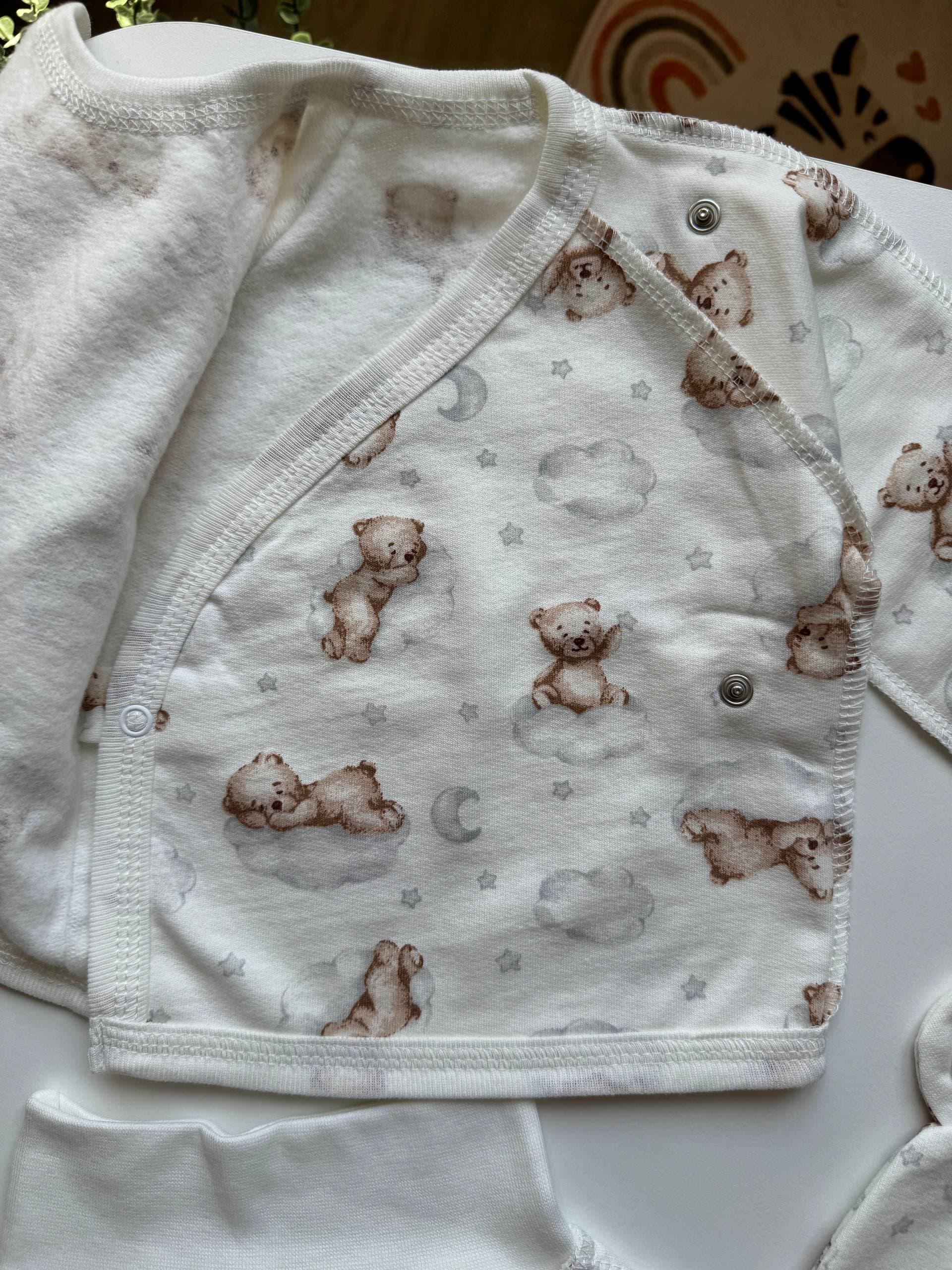 Комплект для немовлят футер 62-68 сорочка, повзунята та шапочка - Фото 5 | Дитячий одяг Store Olivka